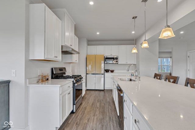 6305 Norwich Dr, Brownsburg, IN 46112 - kitchen with appliances with stainless steel finishes, a sink, under cabinet range hood, white cabinetry, and recessed lighting