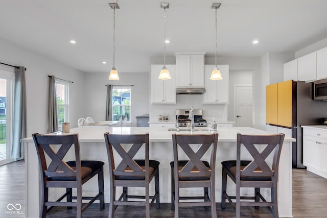 6305 Norwich Dr, Brownsburg, IN 46112 - kitchen featuring under cabinet range hood, stainless steel appliances, an island with sink, recessed lighting, and light countertops