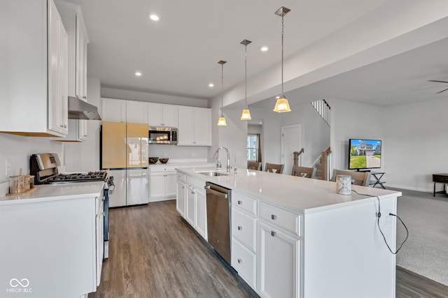 6305 Norwich Dr, Brownsburg, IN 46112 - kitchen featuring appliances with stainless steel finishes, a sink, under cabinet range hood, white cabinets, and light countertops