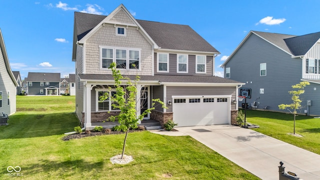 6305 Norwich Dr, Brownsburg, IN 46112 - craftsman house featuring a garage, driveway, a front lawn, and a shingled roof