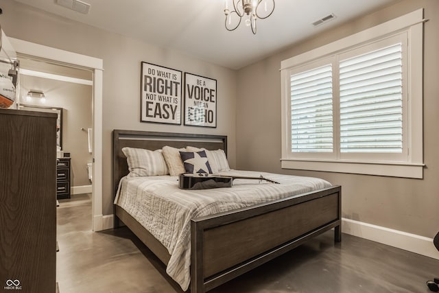 6734 W Stonegate Dr, Zionsville, IN 46077 - bedroom with finished concrete floors, baseboards, and a chandelier