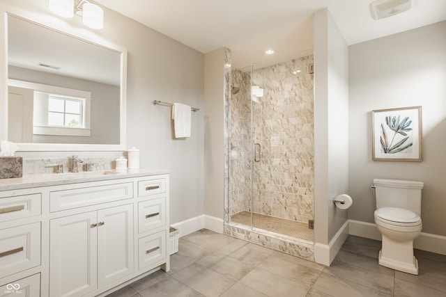 6734 W Stonegate Dr, Zionsville, IN 46077 - full bath with a stall shower, baseboards, toilet, vanity, and tile patterned flooring