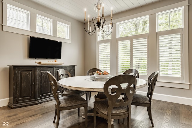 6734 W Stonegate Dr, Zionsville, IN 46077 - dining area with a chandelier, wood finished floors, baseboards, and wood ceiling