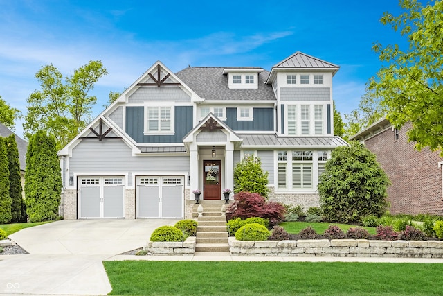 6734 W Stonegate Dr, Zionsville, IN 46077 - view of front of house with a standing seam roof, driveway, an attached garage, metal roof, and a shingled roof