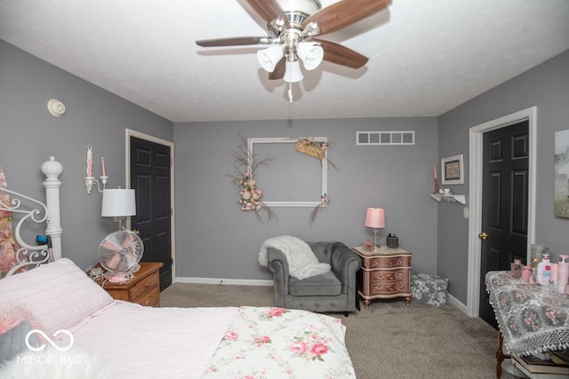 bedroom featuring carpet floors, baseboards, and a ceiling fan