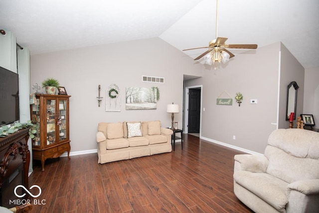 living area featuring a ceiling fan, baseboards, wood finished floors, and lofted ceiling