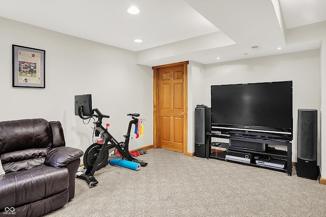 workout area with carpet flooring, baseboards, and recessed lighting