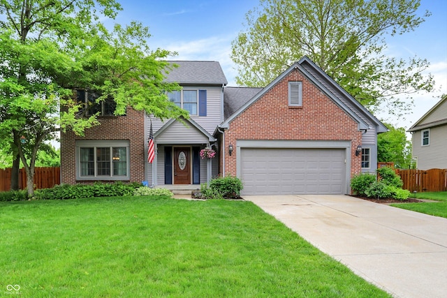 traditional-style house with driveway, brick siding, an attached garage, and a shingled roof