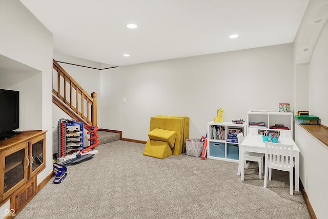 game room featuring carpet, recessed lighting, and baseboards