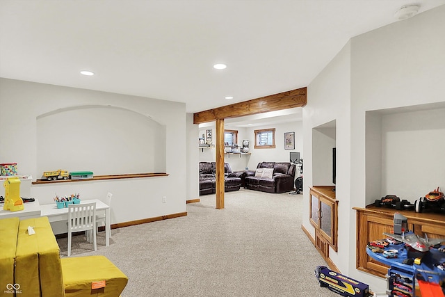 carpeted living room with recessed lighting and baseboards