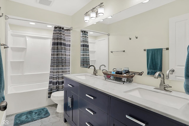 full bathroom featuring toilet, tile patterned floors, shower / bath combo, double vanity, and recessed lighting