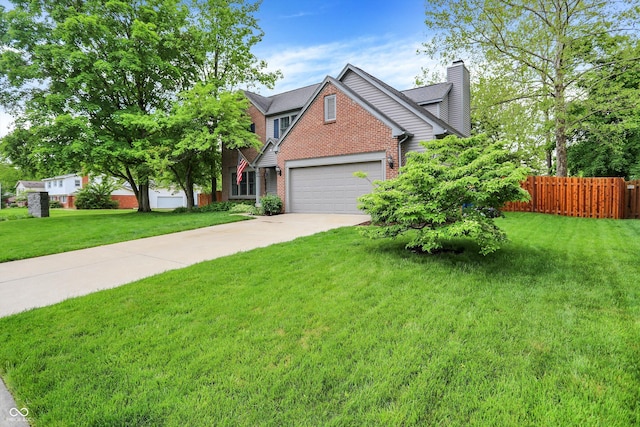 view of front of home featuring brick siding, an attached garage, concrete driveway, and a chimney