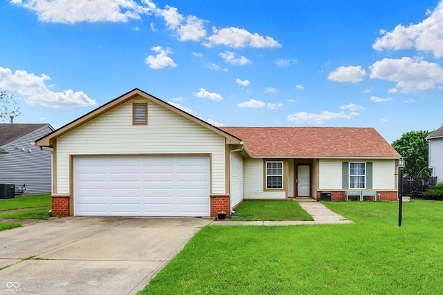 ranch-style home featuring driveway, brick siding, and a front lawn