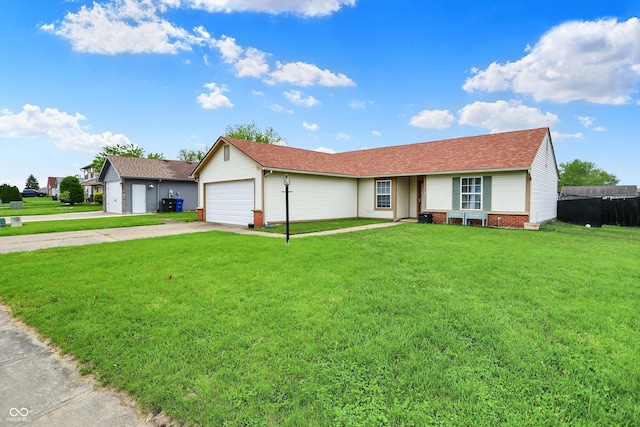 ranch-style house with an attached garage, driveway, a front lawn, and roof with shingles