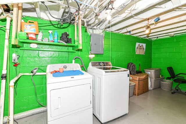 3302 N Gladstone Ave, Indianapolis, IN 46218 - clothes washing area featuring electric panel, washing machine and dryer, and concrete block wall