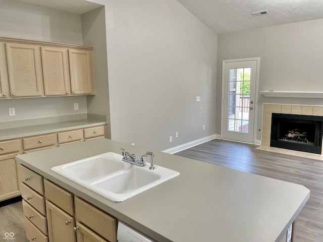 kitchen featuring light brown cabinetry, a sink, light wood-style flooring, and a textured ceiling