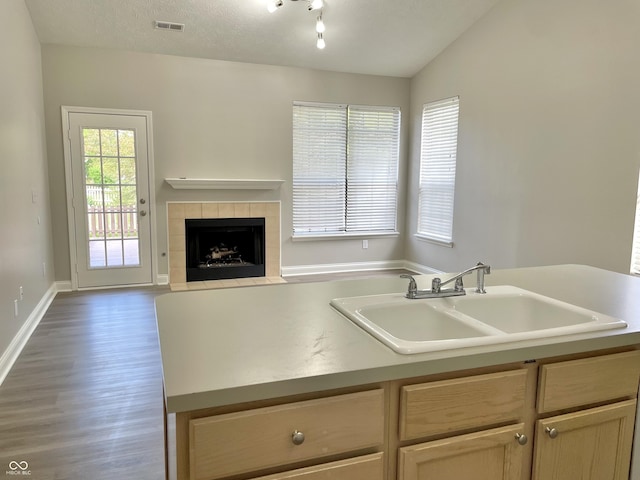 kitchen featuring a sink, wood finished floors, open floor plan, a tiled fireplace, and baseboards
