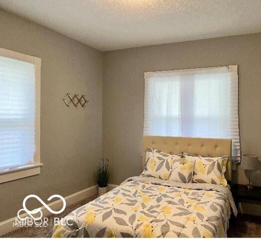bedroom with multiple windows, a textured ceiling, and baseboards