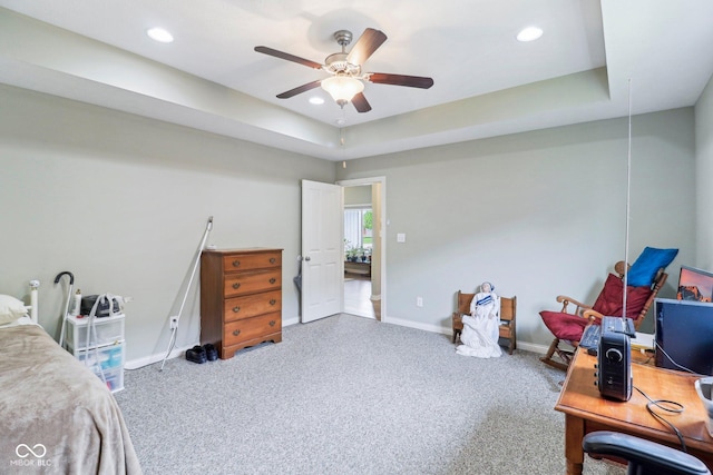 carpeted bedroom with baseboards, recessed lighting, and ceiling fan