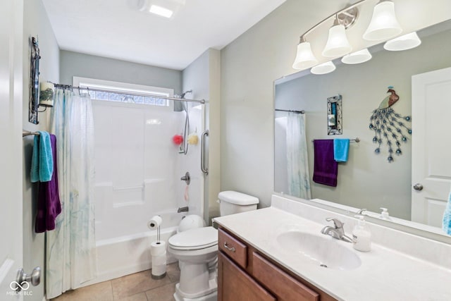 full bath featuring tile patterned floors, toilet, vanity, and shower / tub combo with curtain