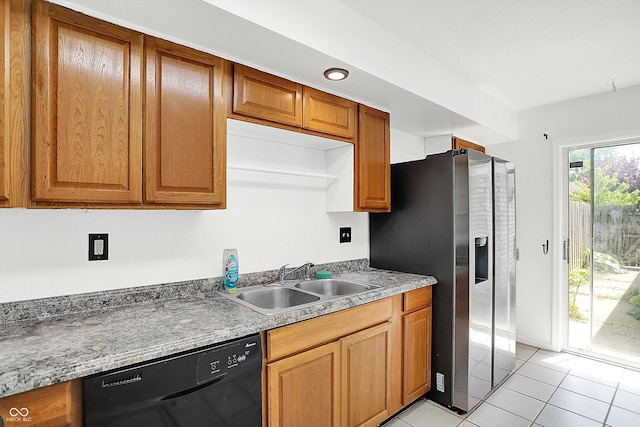 7642 Lancer Ln, Lawrence, IN 46226 - kitchen featuring dishwasher, stainless steel refrigerator with ice dispenser, a sink, light tile patterned floors, and brown cabinetry