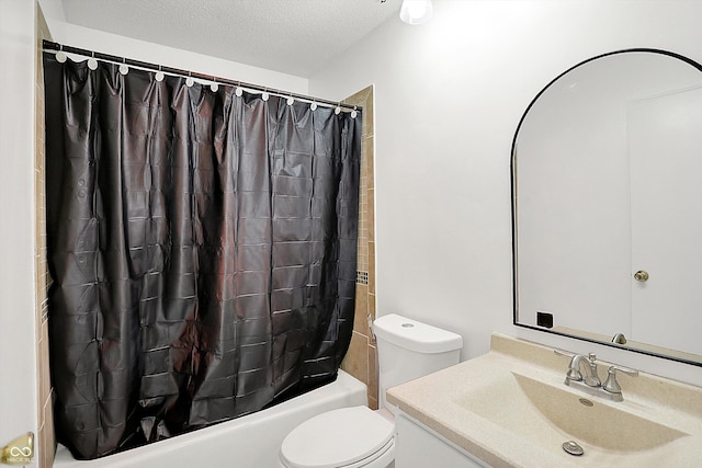7642 Lancer Ln, Lawrence, IN 46226 - bathroom with toilet, shower / bathtub combination with curtain, a textured ceiling, and vanity
