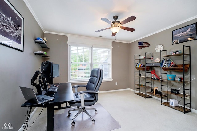 office featuring ceiling fan, ornamental molding, baseboards, and carpet flooring