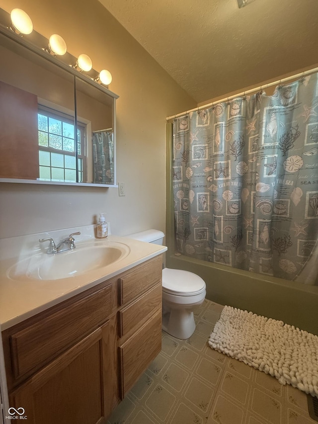 full bath with toilet, vanity, shower / bath combo with shower curtain, and lofted ceiling