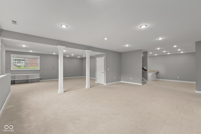 888 Westcreek Dr, Columbus, IN 47201 - basement with recessed lighting, light colored carpet, and stairway