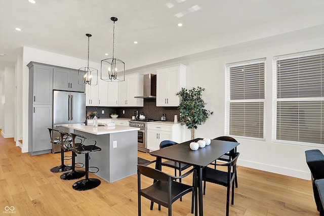 kitchen with high quality appliances, wall chimney range hood, a kitchen bar, a center island with sink, and decorative backsplash
