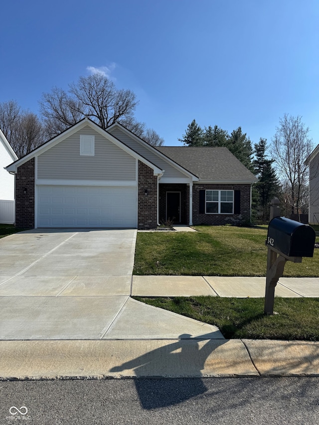 142 Winding Brook Way, Pendleton, IN 46064 - ranch-style home featuring concrete driveway, brick siding, a front yard, and an attached garage