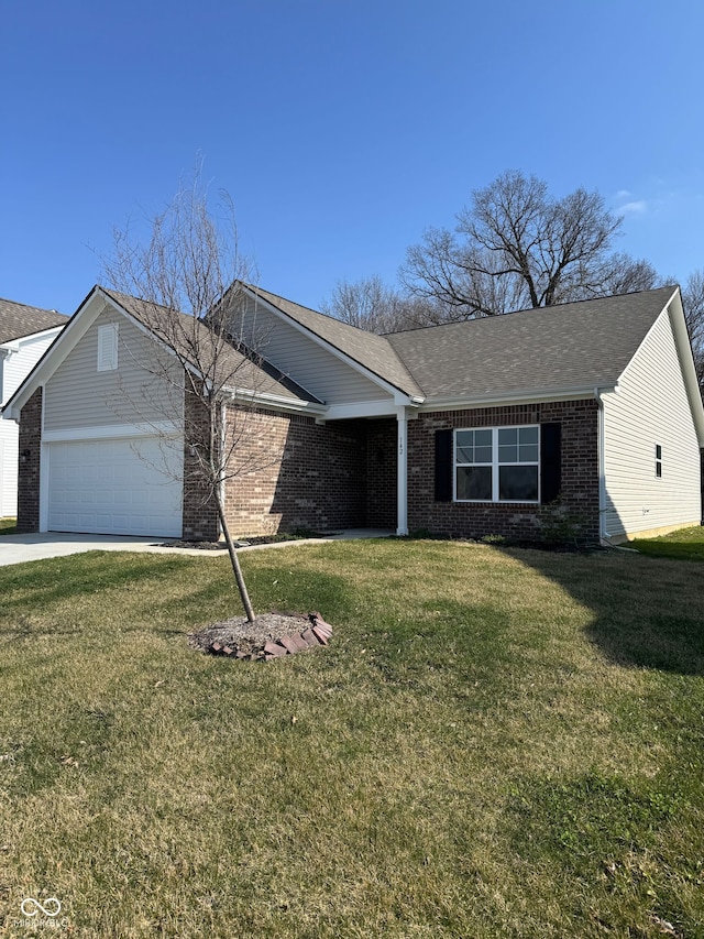 142 Winding Brook Way, Pendleton, IN 46064 - ranch-style house with brick siding, a garage, a front lawn, roof with shingles, and concrete driveway