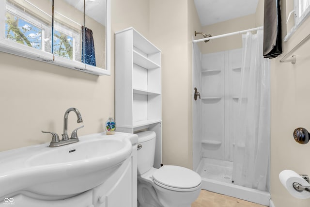 full bath featuring a shower stall, toilet, and vanity