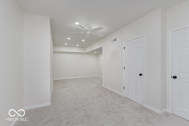 empty room with ceiling fan, carpet, recessed lighting, and baseboards