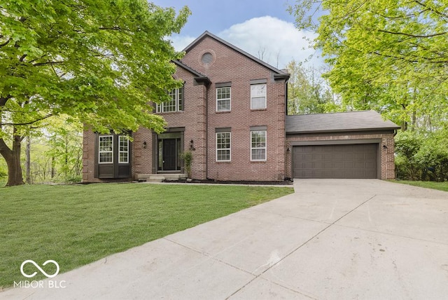 view of front facade with an attached garage, a front lawn, and brick siding