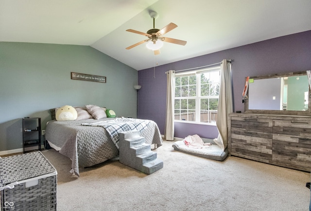 6190 E Ayrshire Cir, Camby, IN 46113 - bedroom featuring vaulted ceiling, carpet floors, and ceiling fan