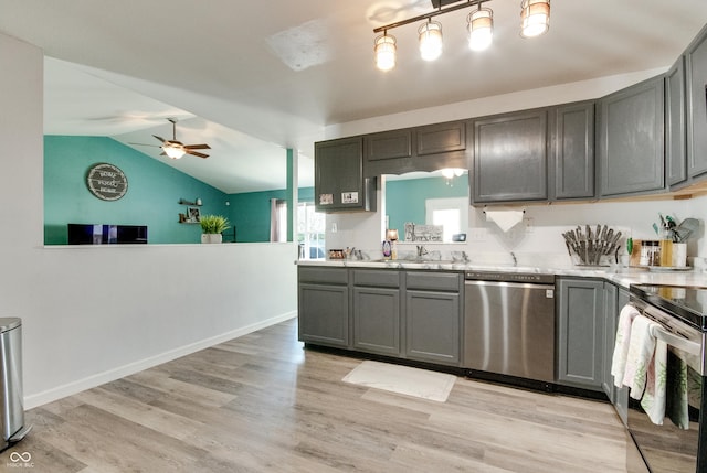 6190 E Ayrshire Cir, Camby, IN 46113 - kitchen with stainless steel appliances, gray cabinetry, light countertops, ceiling fan, and light wood-type flooring