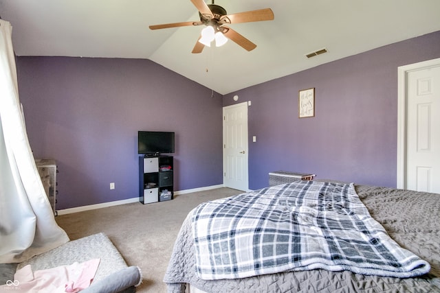 6190 E Ayrshire Cir, Camby, IN 46113 - bedroom with lofted ceiling, light carpet, baseboards, and a ceiling fan