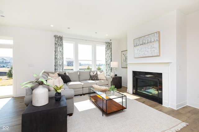 175 Rock Island Rd, Westfield, IN 46074 - living area featuring wood finished floors, a fireplace with flush hearth, recessed lighting, and baseboards
