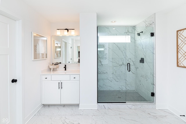 175 Rock Island Rd, Westfield, IN 46074 - bathroom with baseboards, marble finish floors, a marble finish shower, and vanity