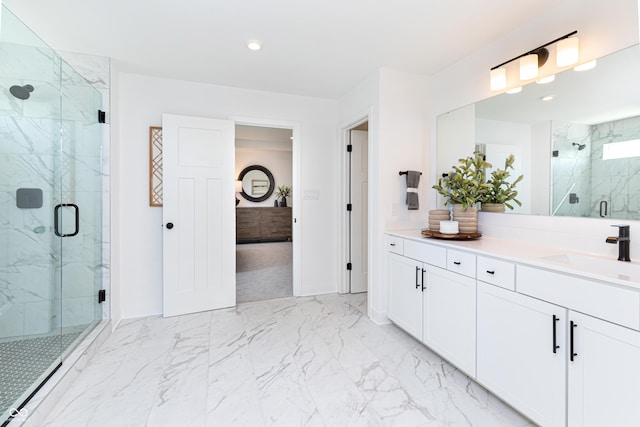 175 Rock Island Rd, Westfield, IN 46074 - bathroom featuring marble look tiles, a marble finish shower, recessed lighting, vanity, and baseboards