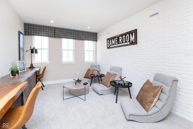 175 Rock Island Rd, Westfield, IN 46074 - sitting room with carpet, brick wall, a desk, baseboards, and recessed lighting