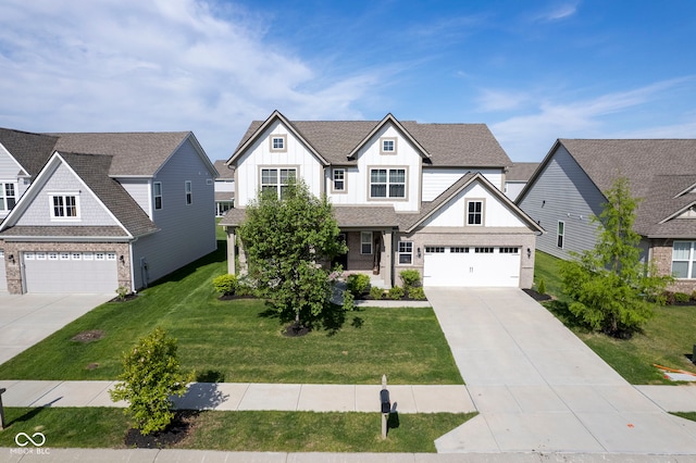 view of front of house featuring concrete driveway, board and batten siding, a front lawn, and an attached garage