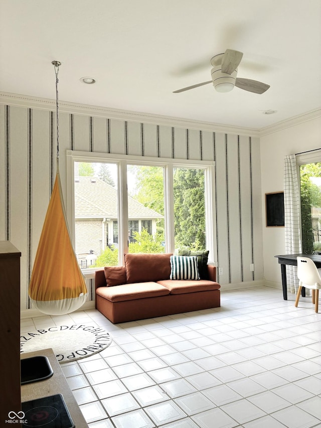 4601 Fairhope Dr, Indianapolis, IN 46237 - living room with ornamental molding, ceiling fan, wallpapered walls, and baseboards