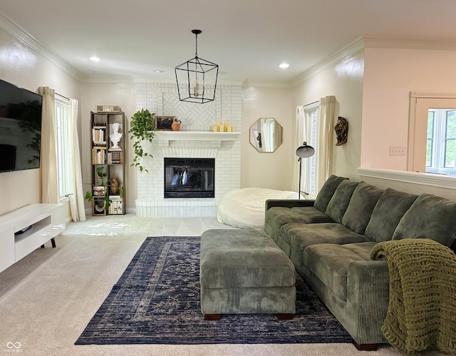 4601 Fairhope Dr, Indianapolis, IN 46237 - living area featuring carpet, ornamental molding, a brick fireplace, and recessed lighting