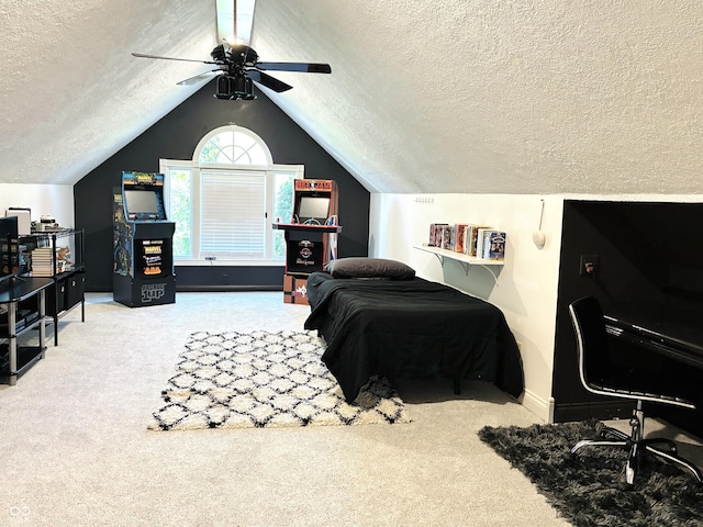 4601 Fairhope Dr, Indianapolis, IN 46237 - carpeted bedroom with a textured ceiling, vaulted ceiling, ceiling fan, and baseboards