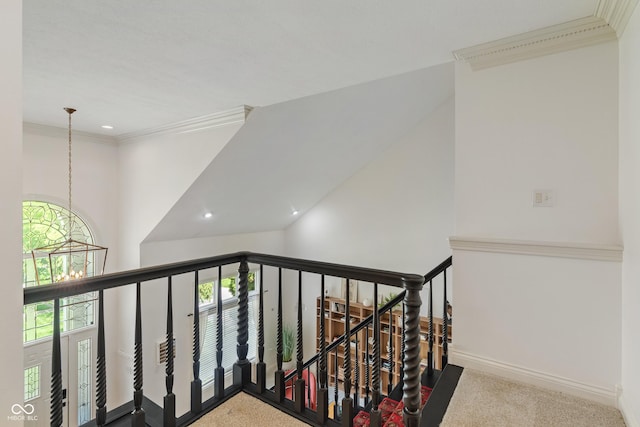 4601 Fairhope Dr, Indianapolis, IN 46237 - stairs featuring recessed lighting, crown molding, carpet flooring, and baseboards