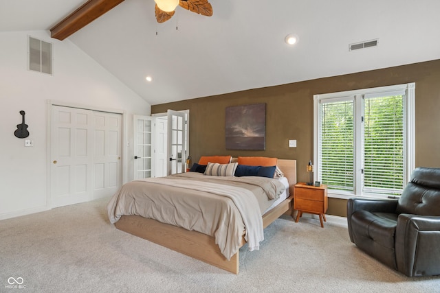 4601 Fairhope Dr, Indianapolis, IN 46237 - bedroom featuring light carpet, beam ceiling, recessed lighting, baseboards, and ceiling fan