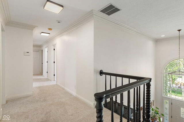 4601 Fairhope Dr, Indianapolis, IN 46237 - hallway featuring baseboards, carpet, ornamental molding, an upstairs landing, and recessed lighting