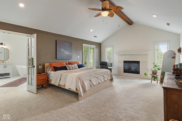 4601 Fairhope Dr, Indianapolis, IN 46237 - carpeted bedroom with recessed lighting, a fireplace, ceiling fan, and ensuite bathroom